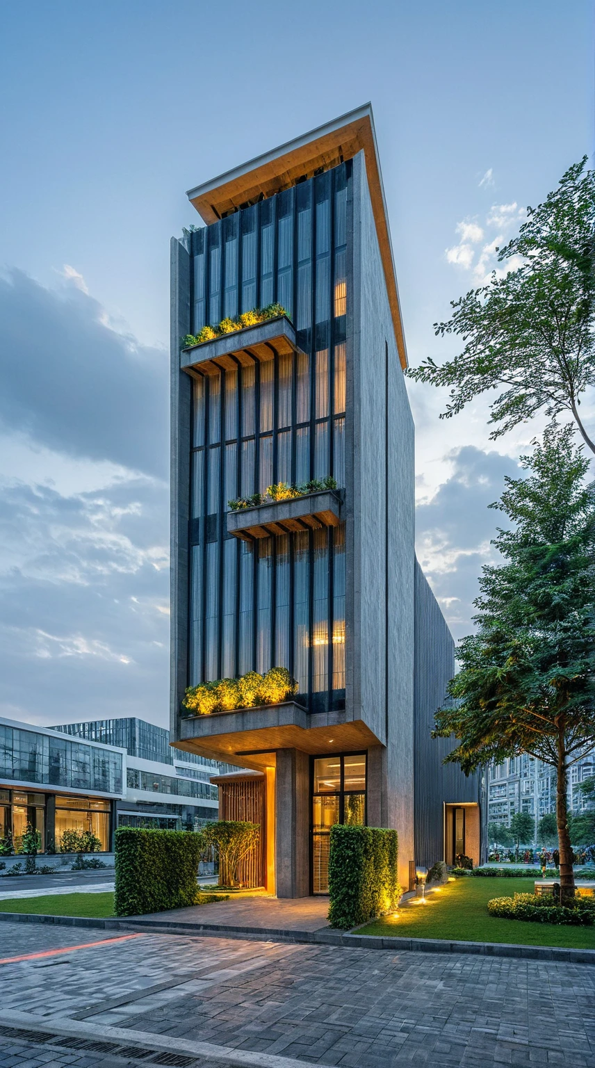 Masterpiece, high quality, best quality, authentic, super detail, outdoors, onestoreyofficeXL, aiaigroup, curved waved facade, curved curtain wall, The office building stands tall with its sleek, modern design, characterized by extensive glass facades that reflect the sky and surrounding cityscape. Large, floor-to-ceiling windows are fitted with stylish sun-shading louvers, ensuring a comfortable and energy-efficient environment inside. The front of the building is adorned with lush greenery, featuring a variety of plants and trees that add a touch of nature to the urban setting. People are walking briskly in front of the building, some engaged in conversation, while others are focused on their destinations. The atmosphere is bustling yet orderly, encapsulating the dynamic and productive spirit of the area. , road,pavement, grass, trees, sky, cloud, (daylight:1.1), random style color exterior