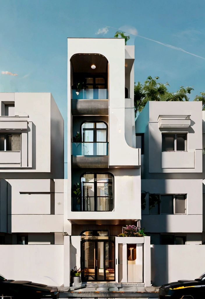 (Townhouse in city ,close houses and trees), daylight ( best quality) ((high solution)) ,(( photo realistic)) ,warm light, (sharp focont view of townhouse in style of modern,small house, Narrow area,VietNam,facade, curved arch,beautiful facade,curved windown,narrow and long ,two-storey,mutual colours, soft lighting, warm atmosphere,high Resolution, hyper detailed,4k ,vray render, octane render, hyper realistic, photography expert ,exterior design , professional photography, exterior photography,wide-angle shot , ultra detail , high Resolution , full frame, full body

