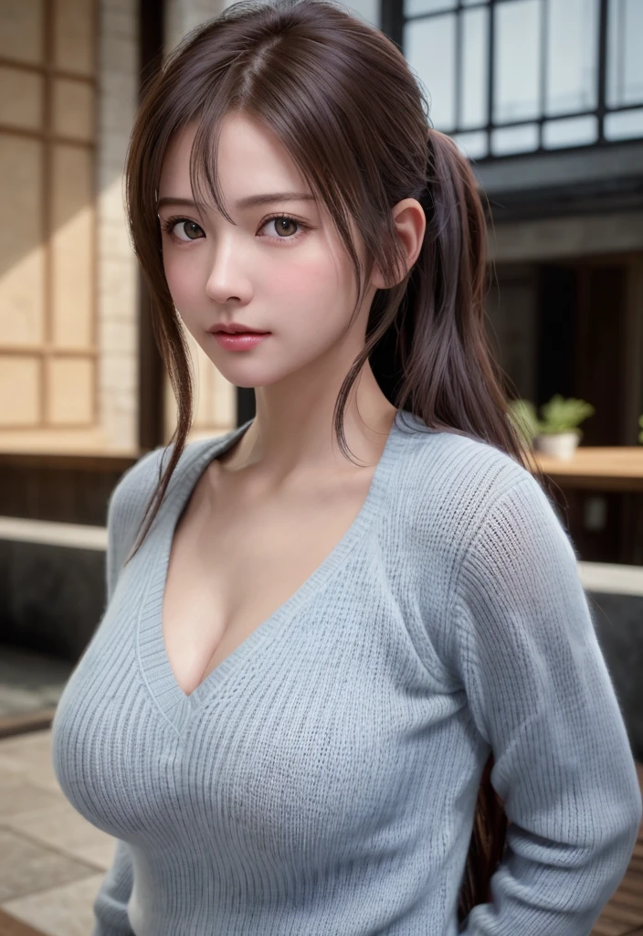 8K, of the highest quality, masutepiece:1.2), (Realistic, Photorealsitic:1.37), of the highest quality, masutepiece, Beautiful young woman, Pensive expression,、A charming、and an inviting look, Oversized knitwear、cleavage of the breast, Hair tied back, Cinematic background, Light skin tone