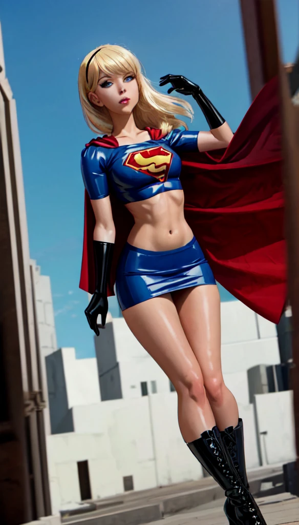 (cowboy shot), SFW, (masterpiece), (best quality: 1.0), (ultra highres: 1.0), detailed eyes,
BREAK
Supergirl, 1girl, long blonde hair, in the air, flying
hair band, \(black\) crop top, short sleeves, cape, black pencil skirt, gloves, boots
BREAK
(Famous, interview, among audiences)