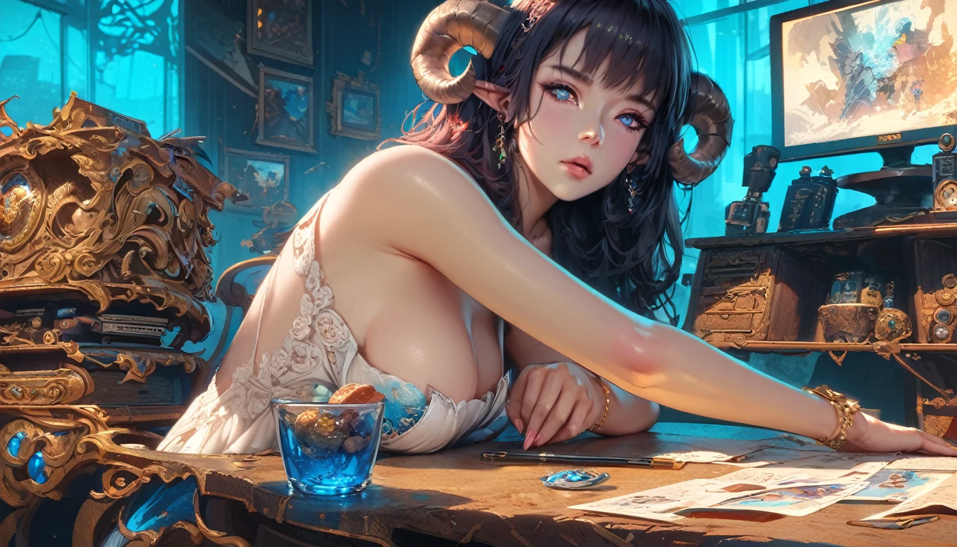 best quality,4k,8k,highres,masterpiece:1.2),ultra-detailed, extremely detailed eyes, extremely detailed body, (large masterpiece digital art), (detailed manga illustration), (detailed line art), ((perfect anatomy)), (intricate details:1.3), (ultra-detailed:1.3), (illustration:1.3), (sharp focus:1.3), (natural lighting:1.05), (vivid colors:1.3), (masterpiece), (best quality:1.4), (perfect anatomy:1.4), high quality, expressive eyes, full body, detailed face, beautiful face, perfect face, 1 girl, medium breasts, black hair, curly hair, wild hair, detailed hair, white dress shirt, black pants, pale skin, sapphire-blue eyes, demon, blue halo, sheep horns, curled horns, (horizontal pupils), sexy face, pointy ears, splash art, the demon girl, curvy, sitting in an office chair at a desk with feet on desk, black high heels, cinematic lighting, dramatic atmosphere, Atey Ghailan, Jeremy Mann, Greg Manchess, Antonio Moro, trend in ArtStation, trend in CGSociety, Intricate, High Detail, Sharp focus, dramatic and photorealistic painting art by Midjourney and Greg Rutkowski, Jeff Bridges, ((cartoon style)), Marvel Cinematic Universe style