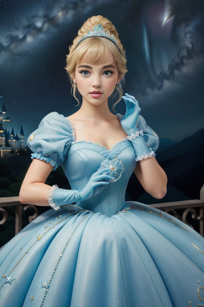 ((masterpiece:1.2), best quality, highres, ultra-detailed), solo, 1girl,
(CinderellaWaifu,princess cinderella from disney,beautiful skin,swept bangs,top knot:1.4),(18 years old,large breasts,sexy eyes,turquoise eyes,blonde hair:1.1),elegant face,(blue headband:1.3),
princess,
(1girl, solo:1.4), cowboy shot,(light blue rococo style gown:1.4), long gloves, looking at viewer, (outdoor,at night,castle,starry sky:1.2),cute pose