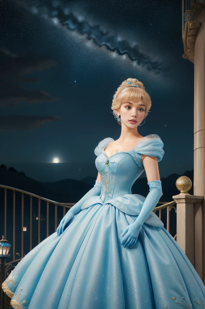 ((masterpiece:1.2), best quality, highres, ultra-detailed), solo, 1girl,
(CinderellaWaifu,princess cinderella from disney,beautiful skin,swept bangs,top knot:1.4),(18 years old,large breasts,sexy eyes,turquoise eyes,blonde hair:1.1),elegant face,(blue headband:1.3),
princess,
(1girl, solo:1.4), cowboy shot,(light blue rococo style gown:1.4), long gloves, looking at viewer, (outdoor,at night,castle,starry sky:1.2),cute pose