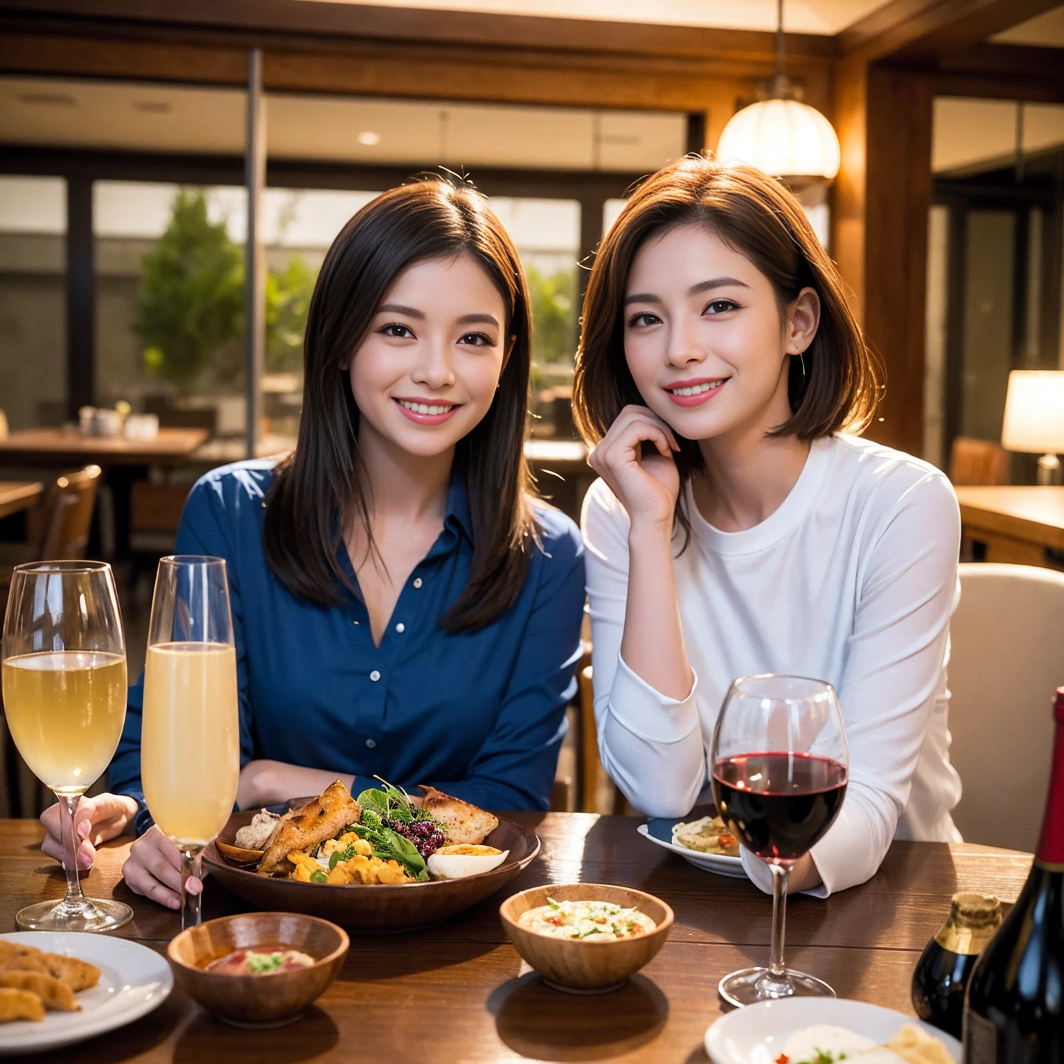 ((Highest quality、8K、masterpiece:1.3))、 (Ultra-realistic、 Genuine、Bright image、Intricate details:1.2), 最高のsmile、1 male、1 female、Beautiful couple、Love Love Love、Tokyo Lovers、Good friends、actress couple、smile、Full-course dinner at a packed table、 (Slim face), (the body is slim), (Brown Hair), (short hair), テーブルのwine glass、Please shine a light on my face、 Amazing view of the sunset sky and clouds、 years old 39 years old, red wine 、Appetizers、Wine bottle、sparkling wine、Long sleeve shirt、dress、White wine, red wine, wine glass, 