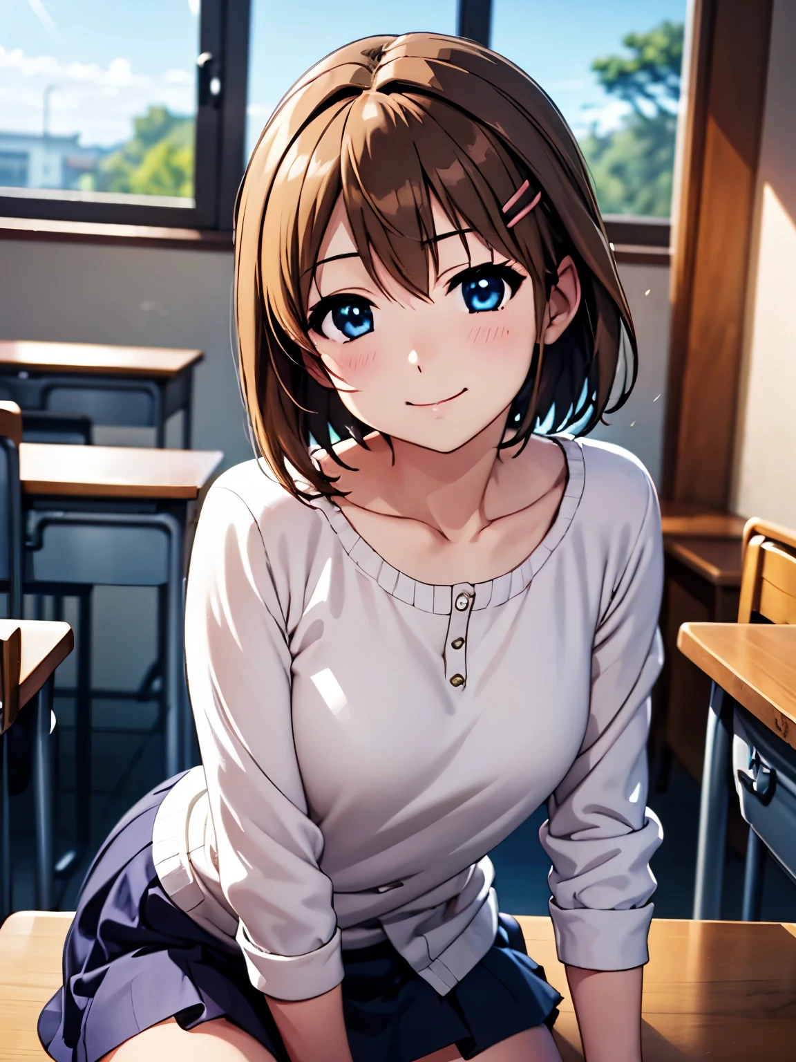 Highest quality, masterpiece,smile、(Anime illustration style:1.2),Hayate Yagami,classroom、椅子にsit、Hair Clip、a little lighter brown hair、Closed Mouth、Fluttering skirt、Cowboy Shot、(Genuine、Realistic、Realistic:1.10)、High resolution、超High resolution、Ultra-fine painting、Sharp focus、Physically Based Rendering、Cowboy Shot,(Moe:1.10)、sit、