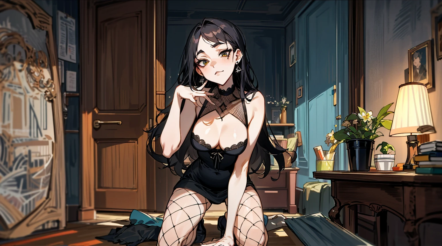 （best quality，masterpiece：1.2，detailed details，4k），((masterpiece)), ((best quality)), (ultra-detailed), anime style,large breast, slim, slender, ashamed,  ，Kneeling,Girl with modern gothic makeup, fair skin, long legs, black eyeshadow, camisole, plump figure, earrings and lip studs, fishnet stockings, posing in an attractive pose, lovable expression，A dim apartment, a small birthday cake on an old wooden table, a modern apartment, an alarm clock on the wall, anime scene