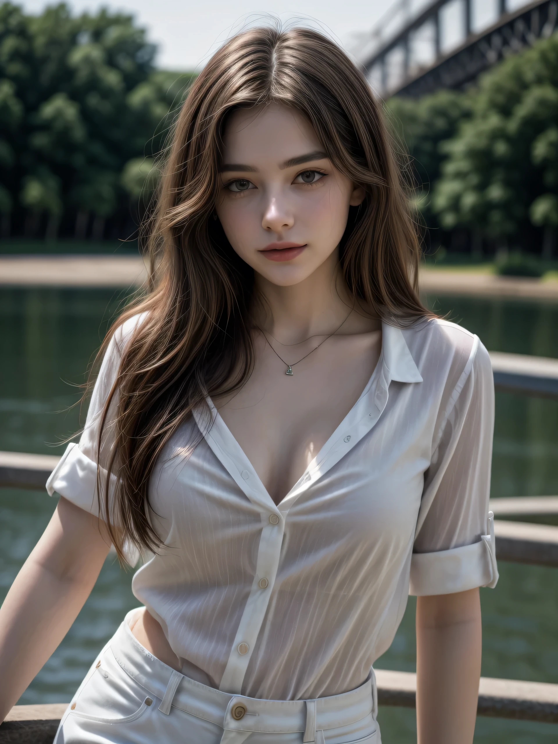 (Masterpiece, best quality, award winning, photorealistic, fashion photography, portrait shot), close-up, 1 gorgeous young brunette pretty girl, slender appearance, attractive slim body, big breasts, messy hair, delicate beautiful face, smirking, (wearing ( button-down shirt), rip shorts, pendant), outdoor, bridge rail, river, city view, soft light.