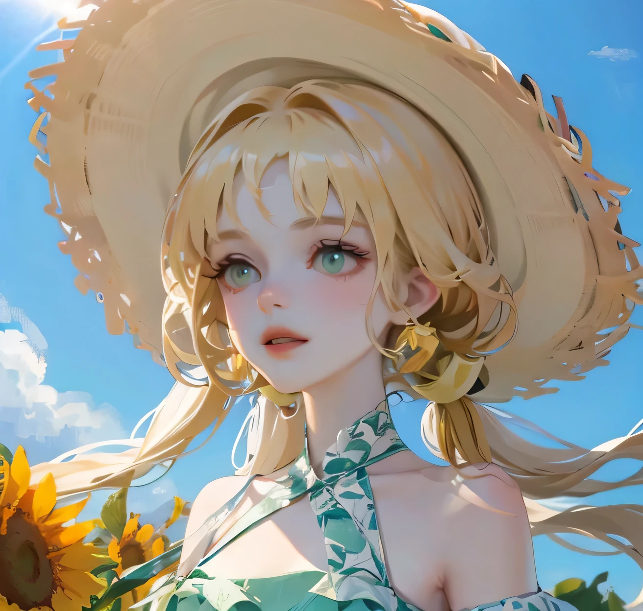 (high quality) (best quality) (a woman) (correct physiognomy) Woman, blonde hair with bangs on her forehead, straw gardener hat on her head, green eyes, tender lips, middle age, olive green summer dress with floral print, location of the photo, the woman must be in the middle of a field of sunflowers, lighting of the photo, sunlight, body proportion from head to hips.