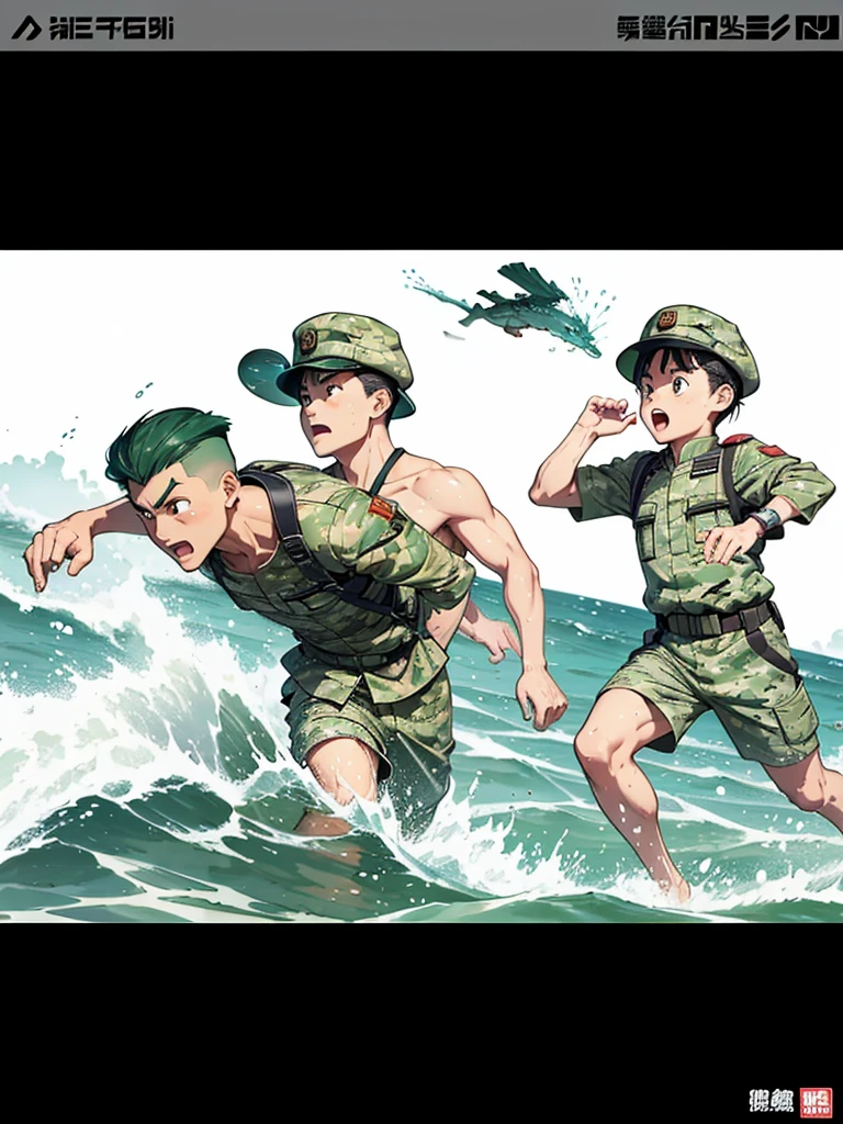 Cartoon，Soldiers，Running in the sea，Brother ，Propaganda poster，serious，A Brother Bing running by the water，Return from the Waves。Q version，Chinese style，Can have more than one character，Green camouflage uniform，Running posture。To be cartoon，Not realistic，Want posters，Cartoon。Remove a person，Run solo。spray。