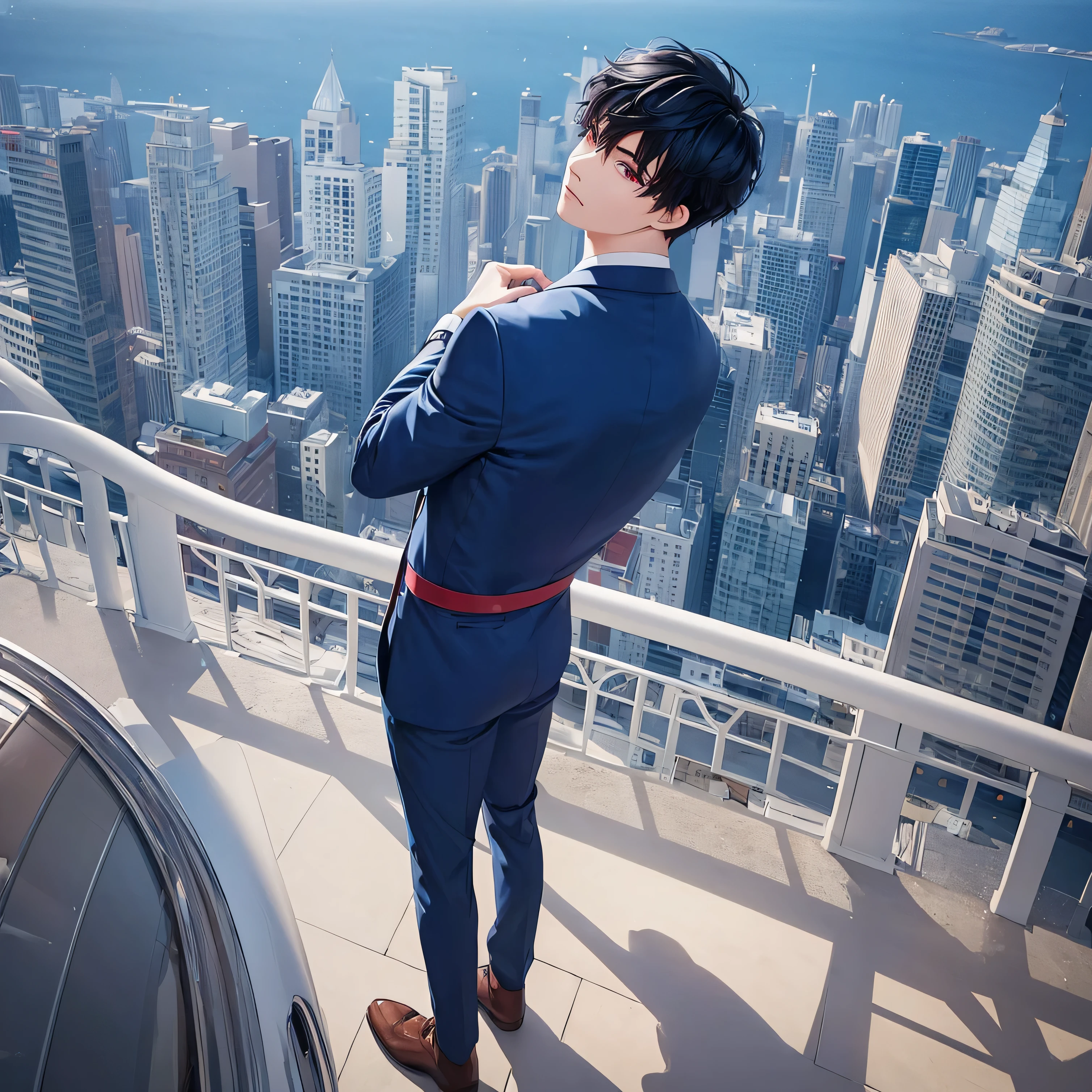 1boy, short black hair, red eyes, wearing all blue suits, on top of a building, high res, ultrasharp, 8k, masterpiece, looking at viewer from behind
