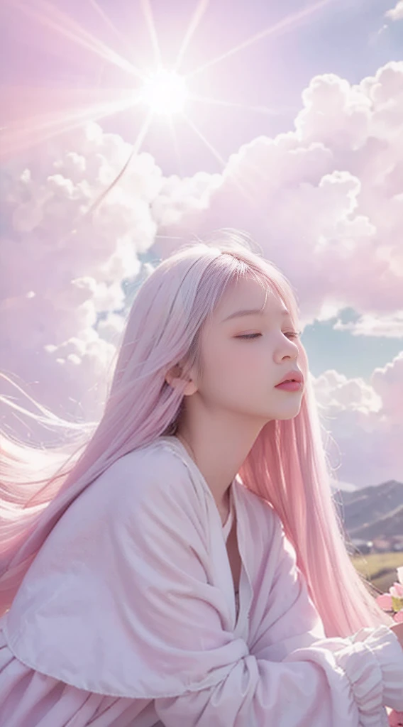 high qulity，4K，detailed detail，Dreamy，hyper realisitc，Up and down opposites，Parallel worlds，Girls fall from the sky，long  white hair，Vertical descent，closing her eyes，Keep quiet，Girl in the Clouds，Pink light and shadow，