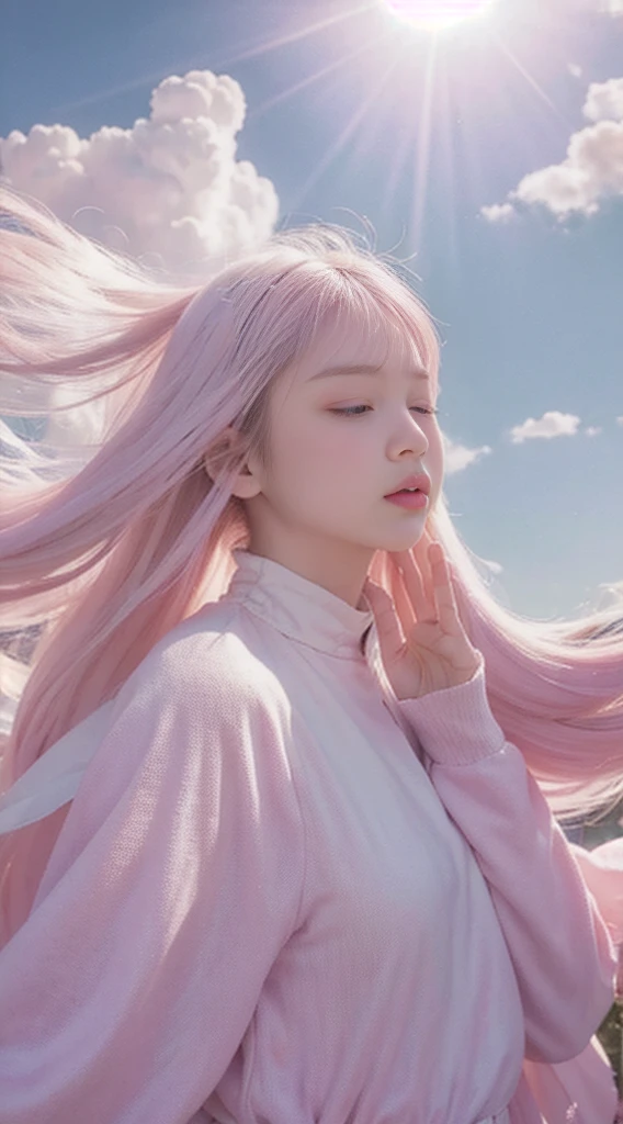 high qulity，4K，detailed detail，Dreamy，hyper realisitc，Up and down opposites，Parallel worlds，Girls fall from the sky，long  white hair，Vertical descent，closing her eyes，Keep quiet，Girl in the Clouds，Pink light and shadow，