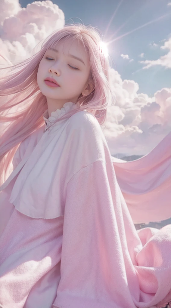 high qulity，4K，detailed detail，Dreamy，hyper realisitc，Up and down opposites，Parallel worlds，Girls fall from the sky，long  white hair，Vertical descent，closing her eyes，Keep quiet，Girl in the Clouds，Pink light and shadow，