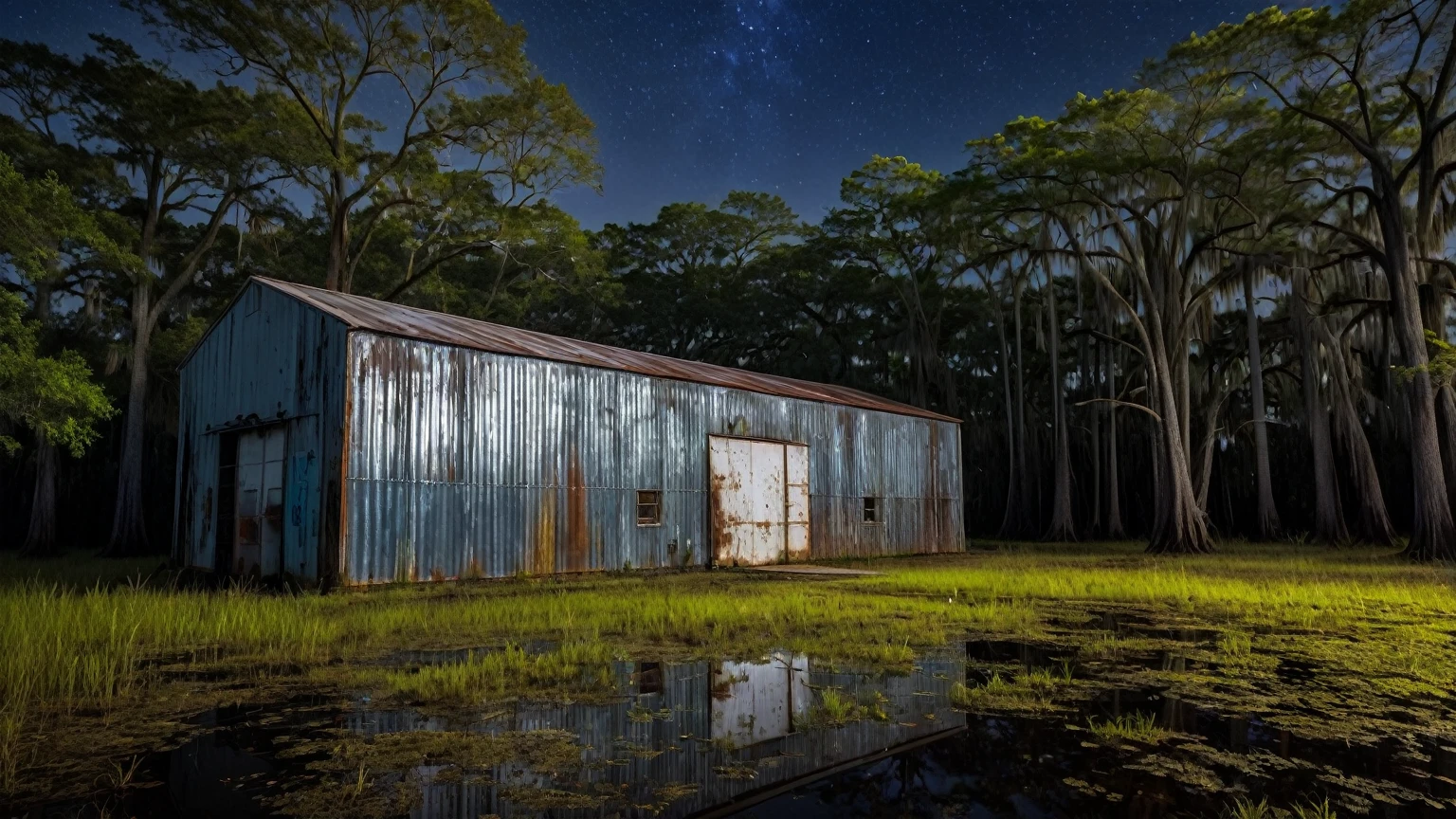 exterior façade of a old rusty sheet metal warehouse near a murky Louisiana swamp surrounded with bald cypress trees, midnight night sky, midnight, background