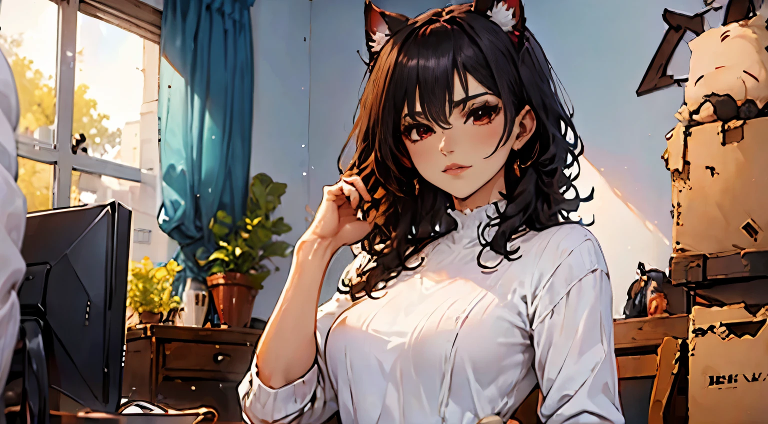 neocruz man with curly hair, long black hair and freshly cut beard, Brown eyes. // inside the office // next to a beautiful junkotvv woman with glasses, wavy black fur, cat ears and red eyes.