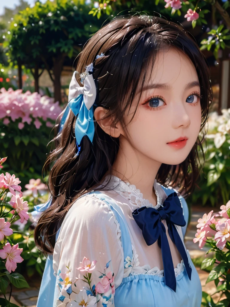 girl，single，Long hair，Looking at the audience，Bangs，blue eyes，Bow，Ribbon，Upper Body，White hair，Bow，bow tie，Lips，eyelash，蓝Bow，白Bow，Lace，curls，lifelike，Smiling，A beautiful woman standing in a dreamy garden，Describes high quality，Ultra Detail，and the level of a masterpiece，With 8k resolution。Her eyes were deep and bright，Like an ocean covered with stars，她的Lips卷曲成一个迷人的微笑。This woman exudes youthful vitality，Showing a desire for love。This scene captures the charming and vibrant atmosphere of the garden。