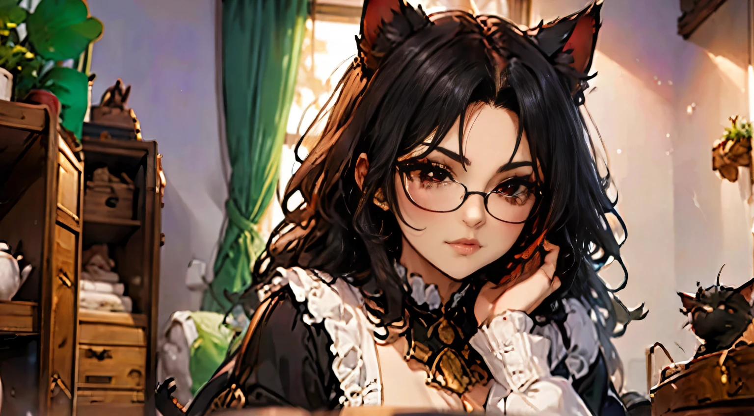 neocruz man with curly hair, long black hair and freshly cut beard, Brown eyes. // inside the office // next to a beautiful junkotvv woman with glasses, wavy black fur, cat ears and red eyes.
