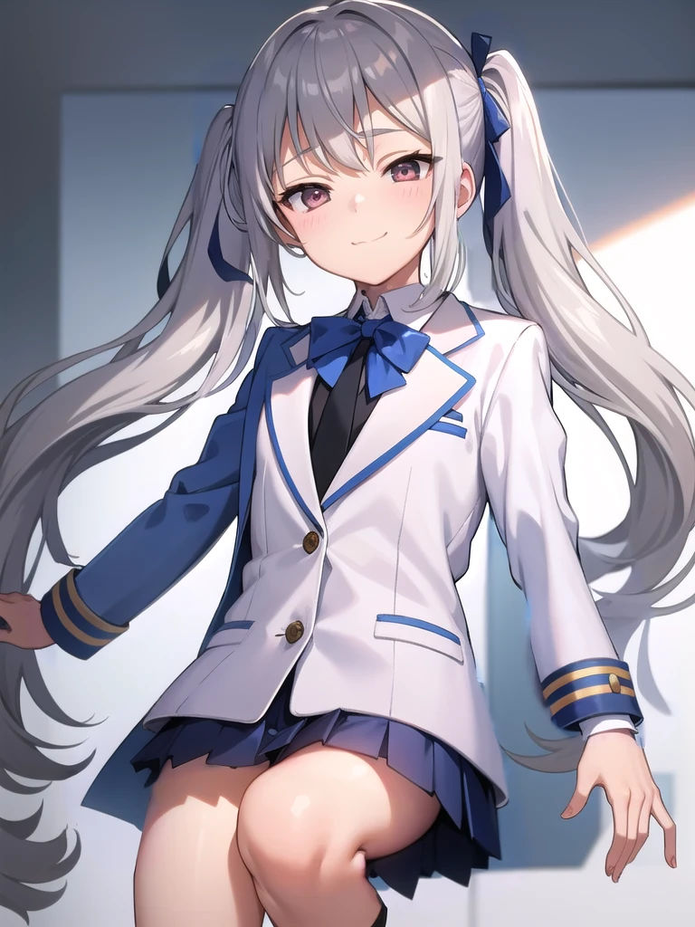 blue school suit, white tie