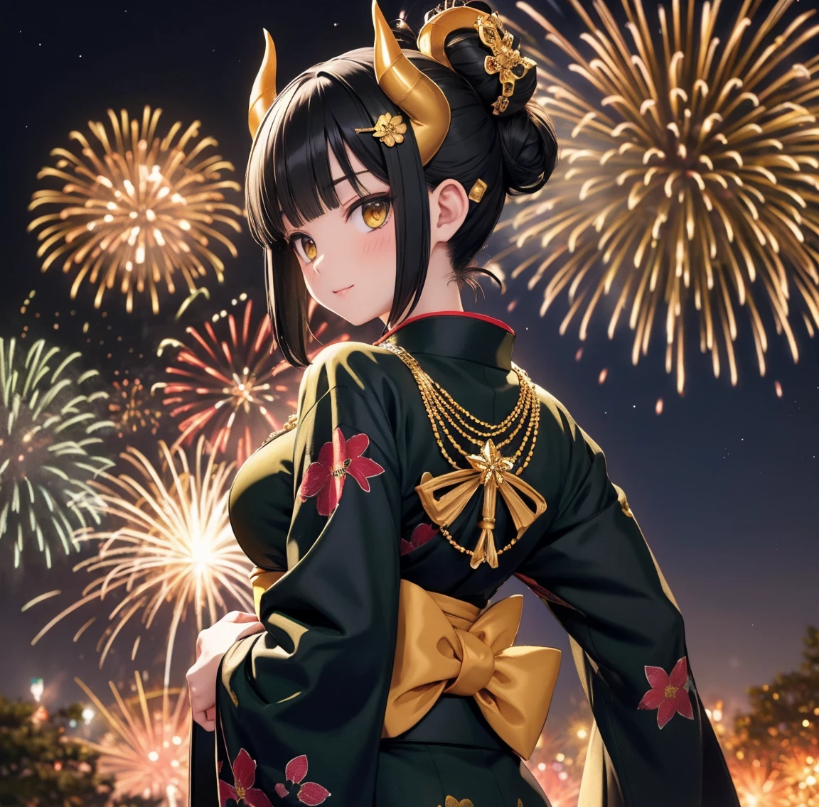 1 person、Green gorgeous kimono、,race,Black Hair、Short bun hair、hair ornaments、necklace、back、Golden devil horns、Anatomically correct,Fireworks in the night sky、