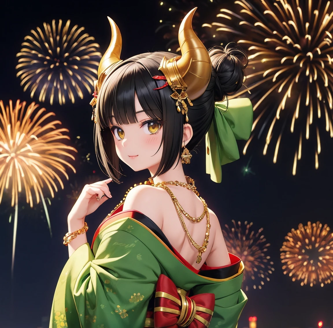 1 person、Green gorgeous kimono、,race,Black Hair、Short bun hair、hair ornaments、necklace、back、Golden devil horns、Anatomically correct,Fireworks in the night sky、