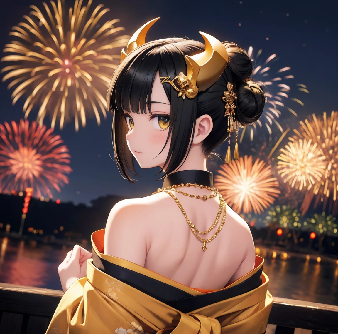 1 person、Green gorgeous kimono、,race,Black Hair、Short bun hair、hair ornaments、necklace、back、Golden devil horns、Anatomically correct,Fireworks in the night sky、