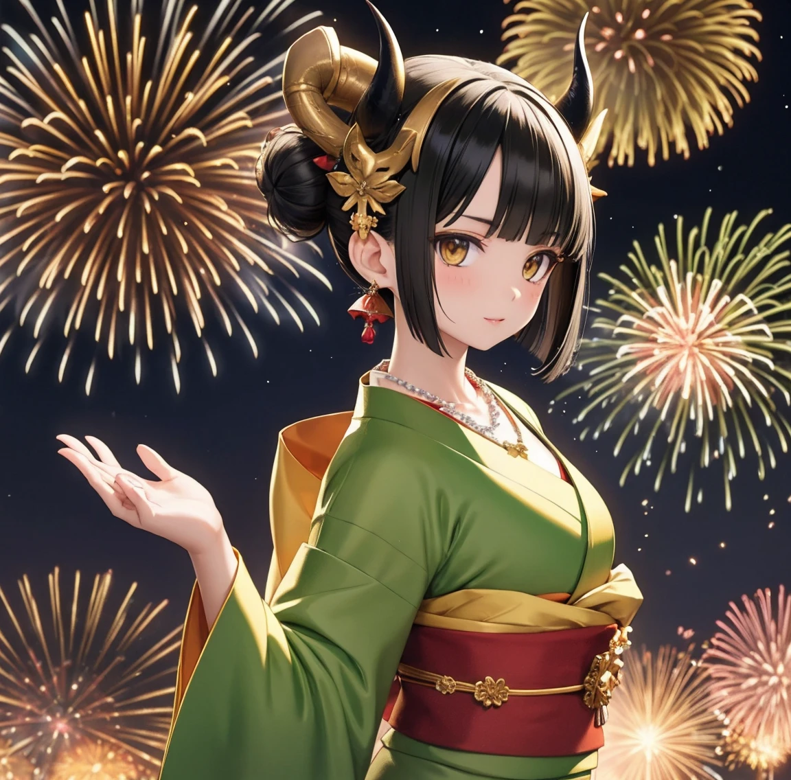 1 person、Green gorgeous kimono、,race,Black Hair、Short bun hair、hair ornaments、necklace、back、Golden devil horns、Anatomically correct,Fireworks in the night sky、