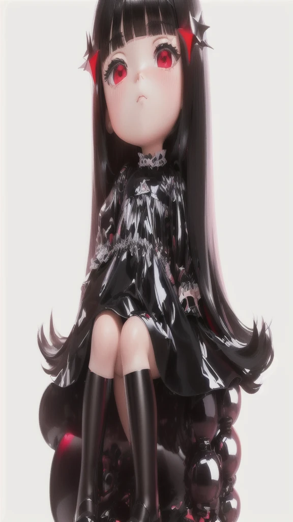 a super cute with long black hair and black eyes, wearing a satin dress, stand in the image, holding a red oil-paper umbrella, chibi, Chrome, lots of decoration, full body, Popmart blind box, IP design, 3d rendering, ultra-detailed, white background, no headphones, 3d, c4d, soft lights, 16K, masterpiece, Medium Long View