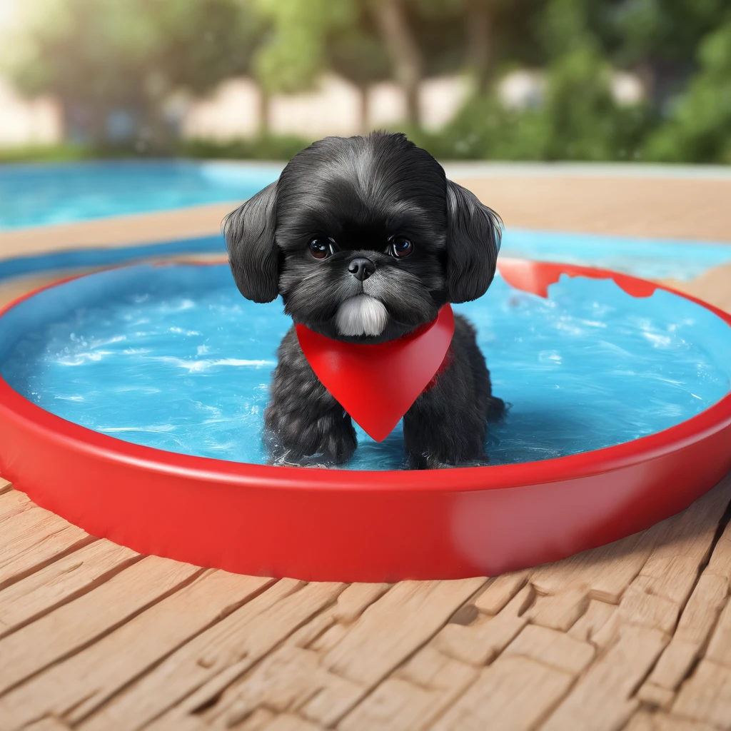 adorable small black shih tzu wearing red collar playing in baby pool wearing a shower cap