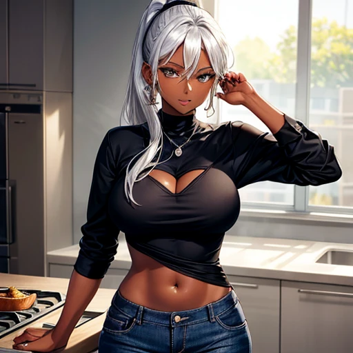 A dark-skinned woman with silver hair in a ponytail is making curry., Wearing a black dress shirt and slim jeans, Showing your belly button stall