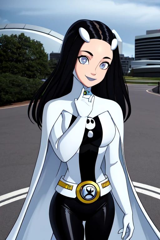 8k,highres,absurdres,masterpiece,best quality,original,extremely detailed CG,extremely detailed wallpaper,perfect, Phantom girl, solo, girl1, long black hair, bodysuit. grey eyes, smile, white hair ornament, ghost logo, grey lips, sanpaku, belt, white cape, white gloves, best quality, masterpiece, cowboy shot, city, park