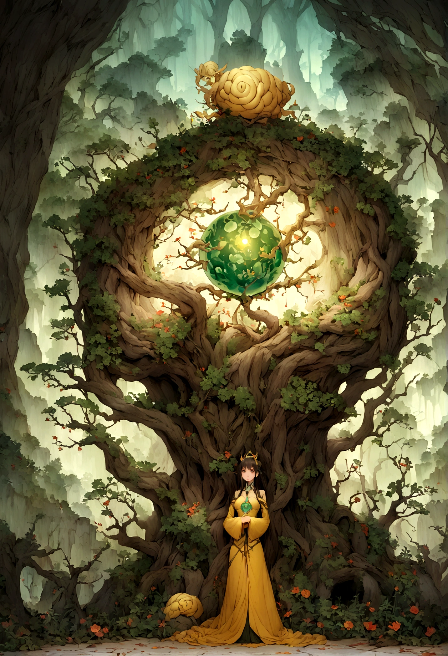 nimbus,Uninhabited primeval forest,Mysterious forest。Ancient cave with a young,Shocked at a shining jade pendant,Luminescence,dream,((神秘dream的场景))style,Chinese style,Immortal World,Xianxia World