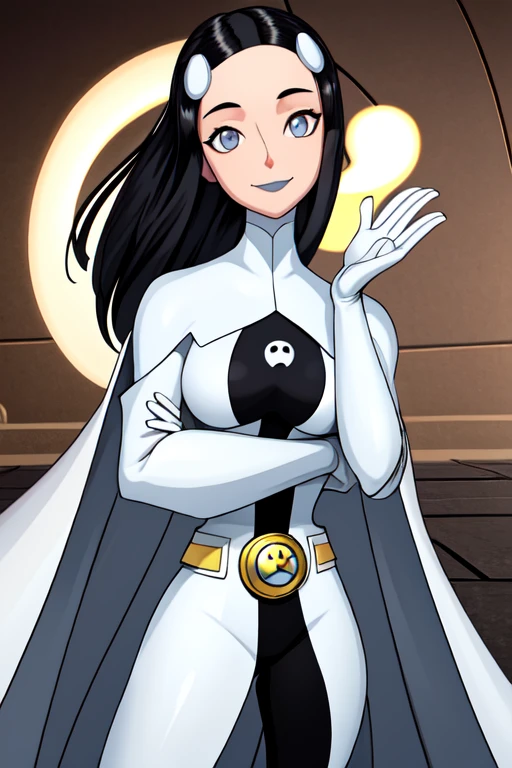 8k,highres,absurdres,masterpiece,best quality,original,extremely detailed CG,extremely detailed wallpaper,perfect, Phantom girl, solo, girl1, long black hair, bodysuit. grey eyes, smile, white hair ornament, ghost logo, grey lips, sanpaku, belt, white cape, white gloves, best quality, masterpiece, cowboy shot, city, park
