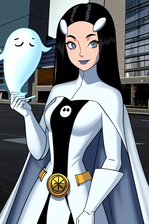 8k,highres,absurdres,masterpiece,best quality,original,extremely detailed CG,extremely detailed wallpaper,perfect, Phantom girl, solo, girl1, long black hair, bodysuit. grey eyes, smile, white hair ornament, ghost logo, grey lips, sanpaku, belt, white cape, white gloves, best quality, masterpiece, cowboy shot, city, park
