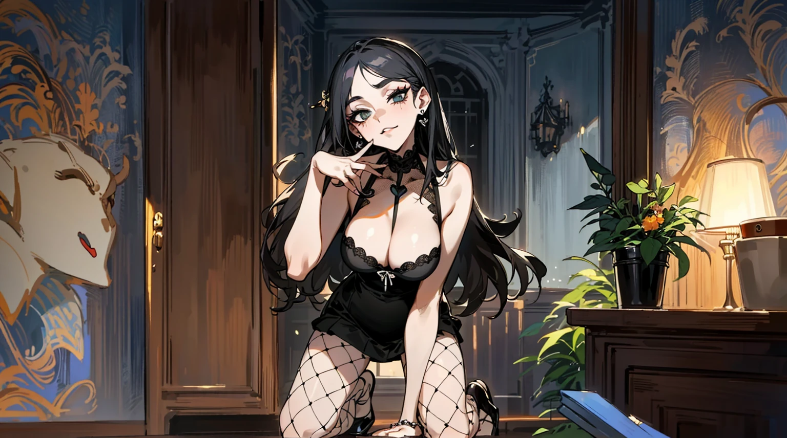 (best quality,masterpiece:1.2,detailed details,4k),((masterpiece)), ((best quality)), (ultra-detailed), anime style,large breast, slim, slender, ashamed, all fours ,Kneeling,Girl with modern gothic makeup, fair skin, long legs, black eyeshadow, camisole, plump figure, earrings and lip studs, fishnet stockings, posing in an attractive pose, lovable expression,