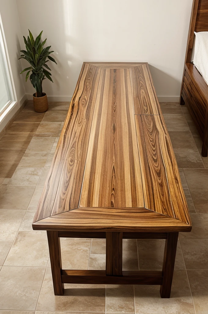 A wooden floating table with tile on its top and its length is 7.8 feet 