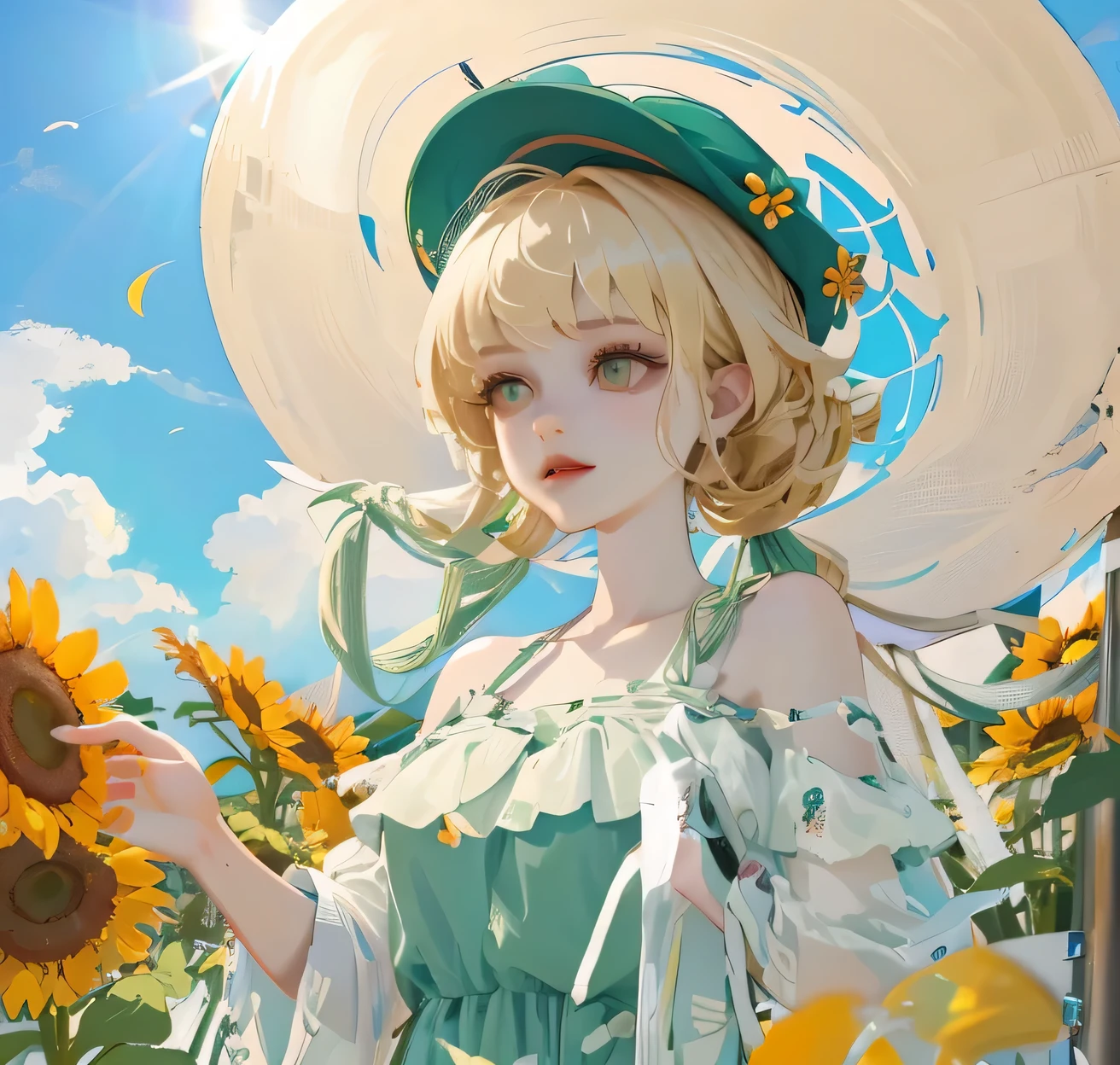 (high quality) (best quality) (a woman) (correct physiognomy) Woman, blonde hair with bangs on her forehead, gardener's hat on her head, green eyes, tender lips, middle age, olive green summer dress with print of flowers, location of the photo, the woman must be in the middle of a field of sunflowers, lighting of the photo: sunlight, full body proportion from head to hips..
