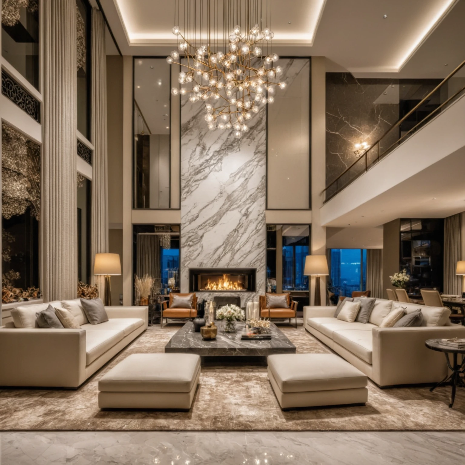 Raw photo,Masterpiece, high quality, best quality, authentic, super detail, interior, indoors, ((living room duplex style modern luxury)), sunset, day light, sofa, armchair, table tea, flower vases, bottles, lamps, chandeliers, fireplaces, carpets, marble floors, windows overlooking the city, curtains, mezzanines,