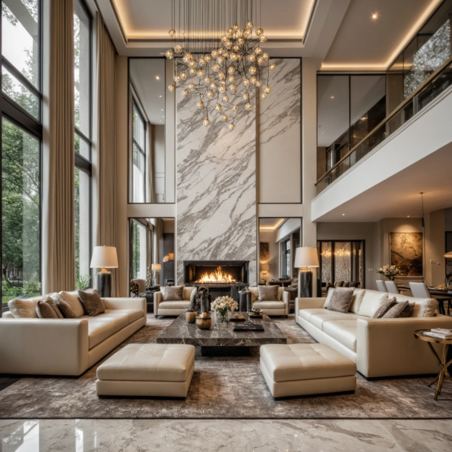 Raw photo,Masterpiece, high quality, best quality, authentic, super detail, interior, indoors, ((living room duplex style modern luxury)), sunset, day light, sofa, armchair, table tea, flower vases, bottles, lamps, chandeliers, fireplaces, carpets, marble floors, windows overlooking the city, curtains, mezzanines,