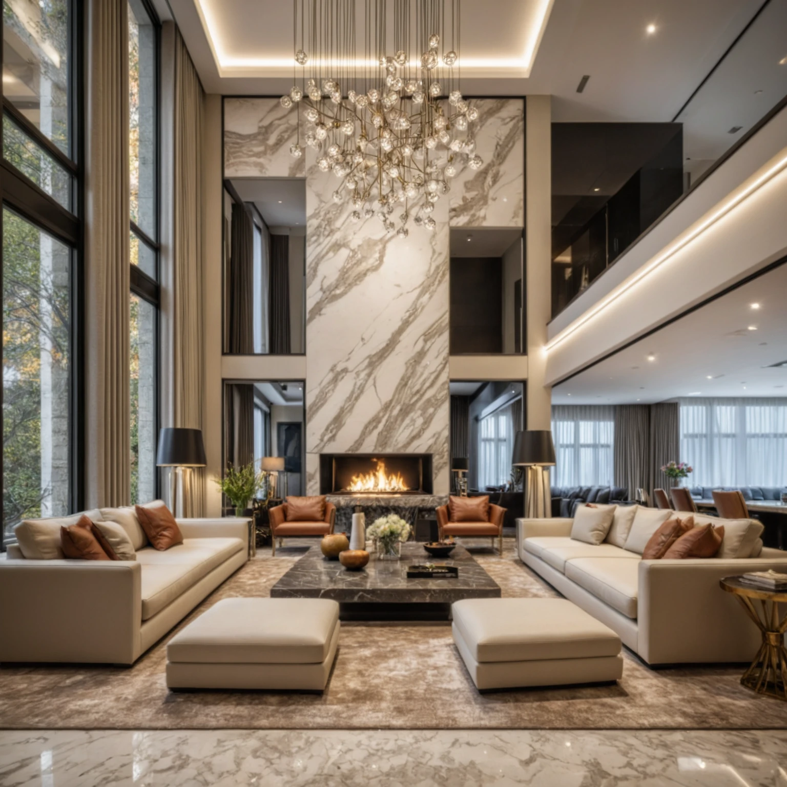 Raw photo,Masterpiece, high quality, best quality, authentic, super detail, interior, indoors, ((living room duplex style modern luxury)), sunset, day light, sofa, armchair, table tea, flower vases, bottles, lamps, chandeliers, fireplaces, carpets, marble floors, windows overlooking the city, curtains, mezzanines,
