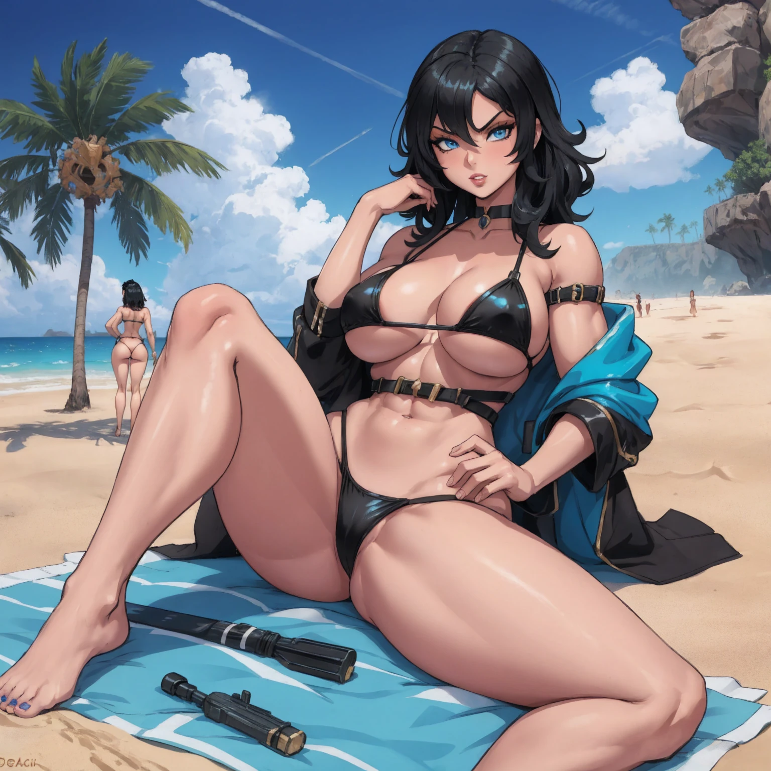 giantess, female, black hair, blue eyes, muscular build, bikini, large breasts, reclining on sand, (giantess), beachside, surrounded by tiny people,