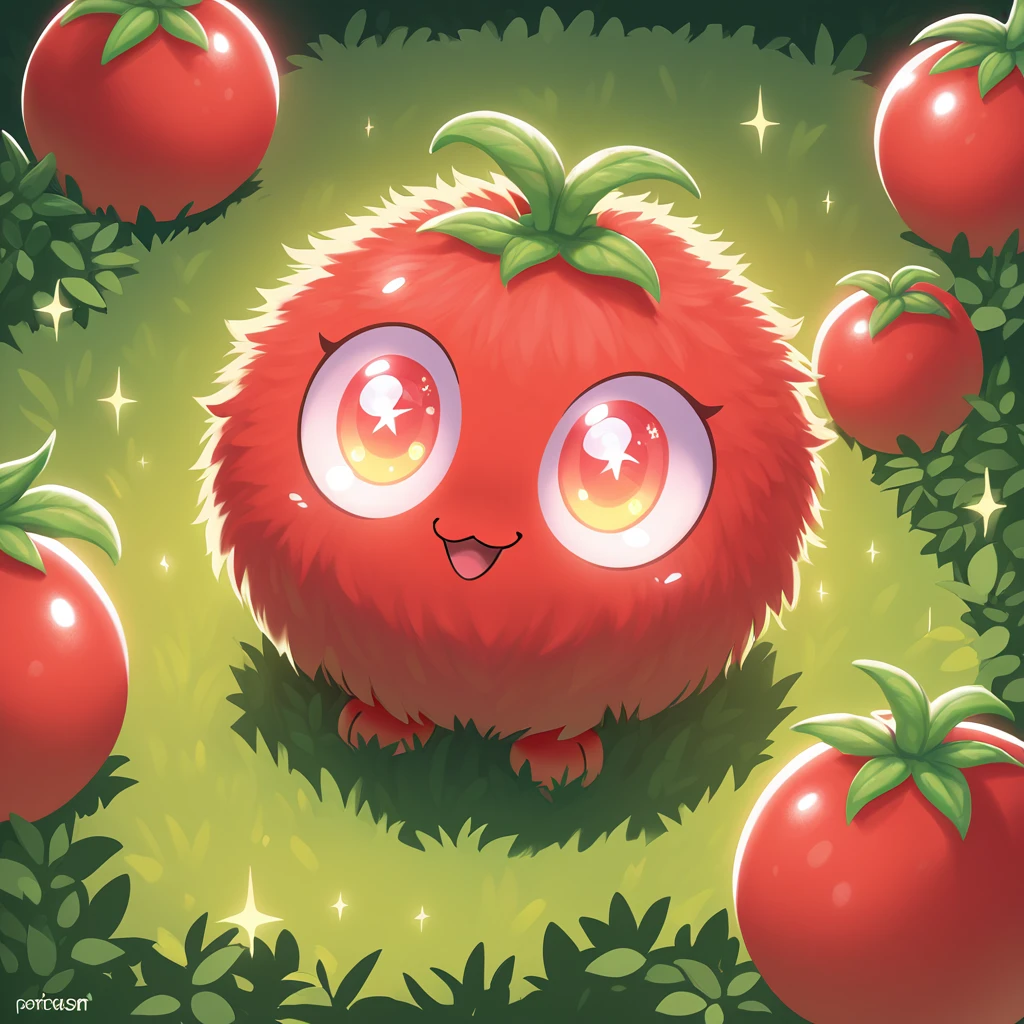 Fluffy cute ball of tomato with large sparkling eyes in the garden
