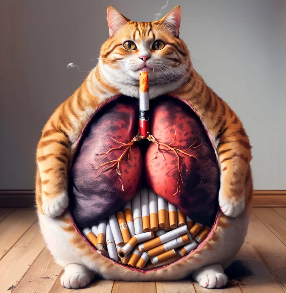 arafed cat sitting on a wooden floor with a cigarette in its mouth, cat smoking a cigarette, Cat smoking a cigar, Fat Cat, Fat Cat superhero, Surreal illustration, Surreal illustration, obesity ), Big Mouth Cat, Surreal illustration, smoking body, cigarettes, highly realistic photograph, morbidly obesity, Hyperrealistic illustrations, obesity, cigarette