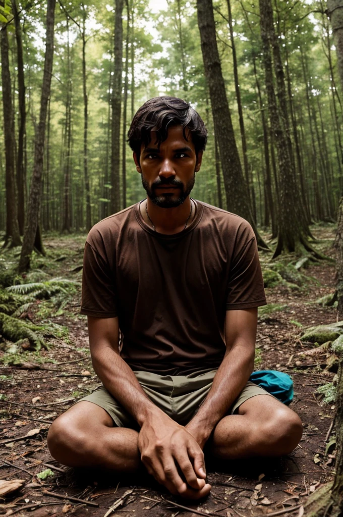 A poor man is sitting in the forest. Insects are eating him from all sides.
