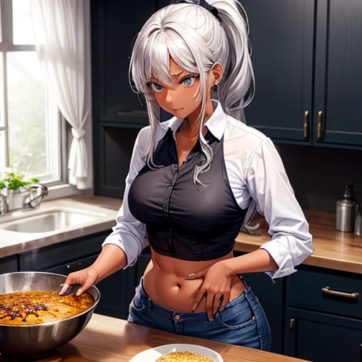 A dark-skinned woman with silver hair in a ponytail is making curry rice., Wearing a black dress shirt and slim jeans, Showing your belly button stall