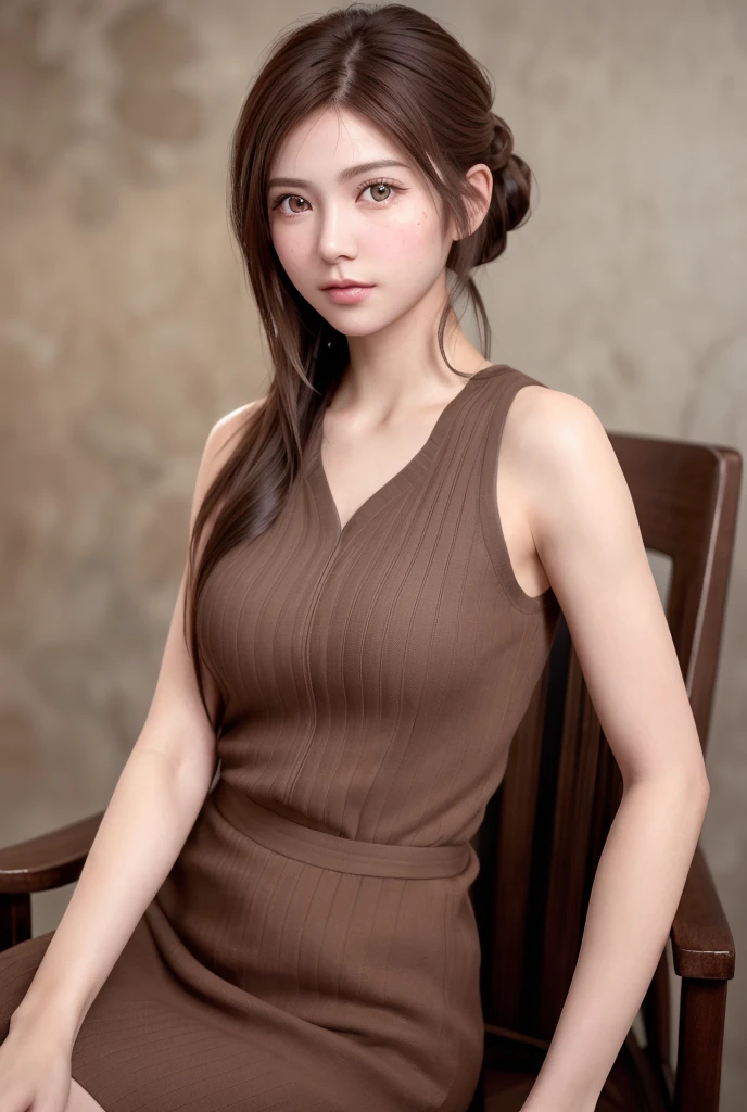 8K,Best Quality, masutepiece, 超A high resolution, (Photorealistic:1.4), Raw photo, (Authentic skin texture:1.3), (Film grain:1.3), (Selfie angle),1girl in, Bun hairstyle, Brown hair, Sitting, Chair, bored, Hand supporting chin, beautiful detailed eyes and face,masutepiece, Best Quality,close-up,upper bod,