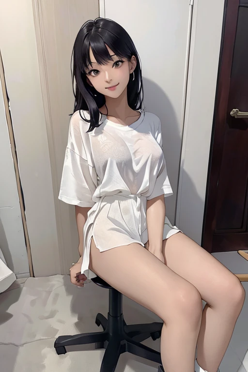 Highest quality、masterpiece、High sensitivity、High resolution、Detailed Description、Slim Body、smile、In bare skin、Wearing an oversized shirt、When I sat down、Her slim thighs are exposed、