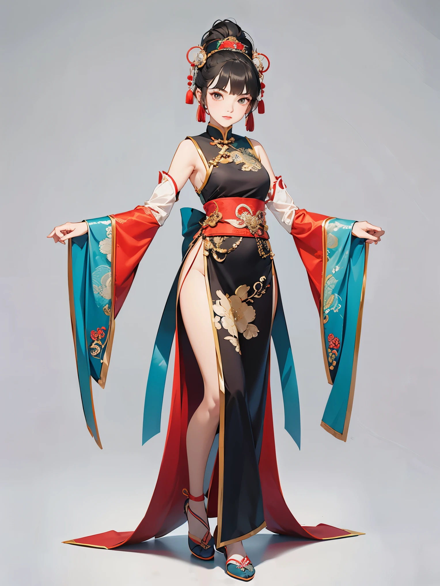 Costume,Chinese Tang Dynasty women,Standing,Show your shoulders,Show your neck,(((Show your arms))),Show your thighs,Embroidered shoes,Ball head hairstyle,whole body,Blank Background