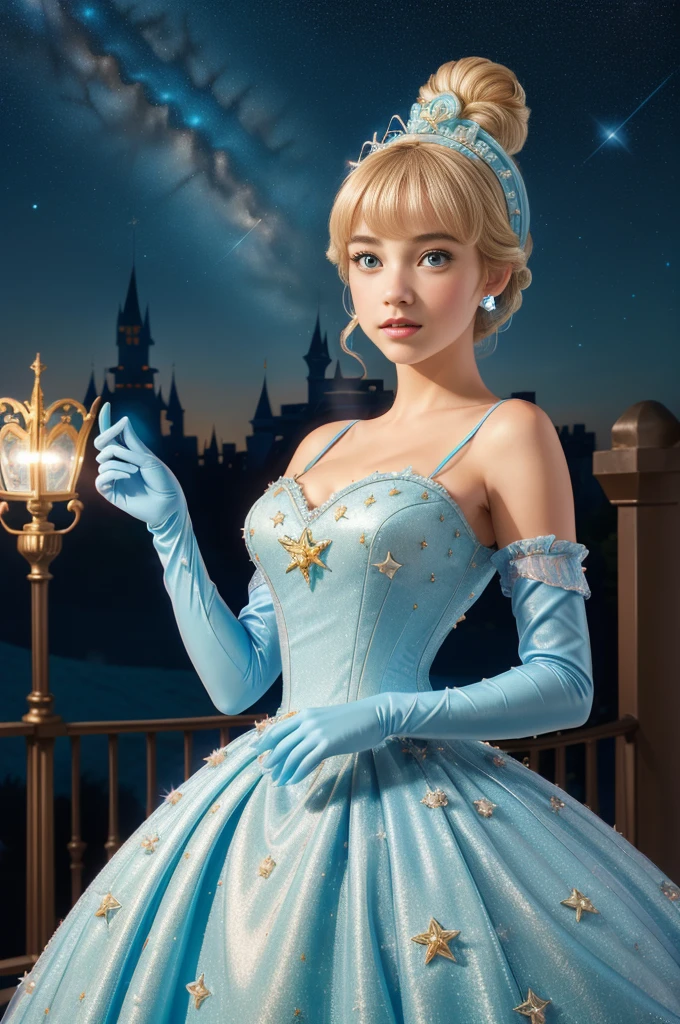 ((masterpiece:1.2), best quality, highres, ultra-detailed), solo, 1girl,
(CinderellaWaifu,princess cinderella from disney,beautiful skin,swept bangs,top knot:1.4),(18 years old,large breasts,sexy eyes,turquoise eyes,blonde hair:1.1),elegant face,(blue headband:1.3),
princess,
(1girl, solo:1.4), cowboy shot,(light blue rococo style gown:1.4), long gloves, looking at viewer, (outdoor,at night,castle,starry sky:1.2),cute pose