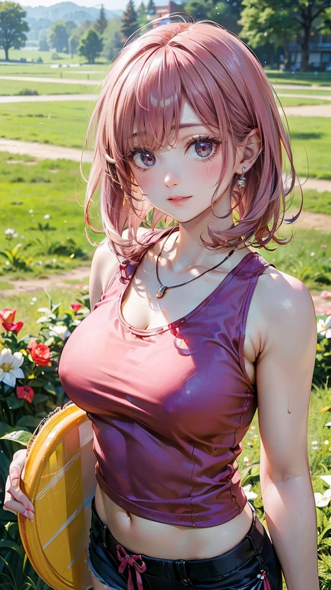 (Masterpiece, BestQuality:1.3), (ultra detailed:1.2), (hyperrealistic:1.3), (RAW photo:1.2), High detail RAW color photo, professional photograph, (Photorealistic:1.4), (realistic:1.4), professional lighting, perfect , (:1.2), (blush, detailed face), (cheerful Smile:1.5), Trending Hair&Trending Hairカラーをランダムに, earrings, necklace, bracelet, sexly,  sexly, Random  gravure poses, (A beautiful pink-haired woman wearing a red tank top and shorts、She is smiling and posing sexily while playing with a frisbee in a spring field.。:1.3)
