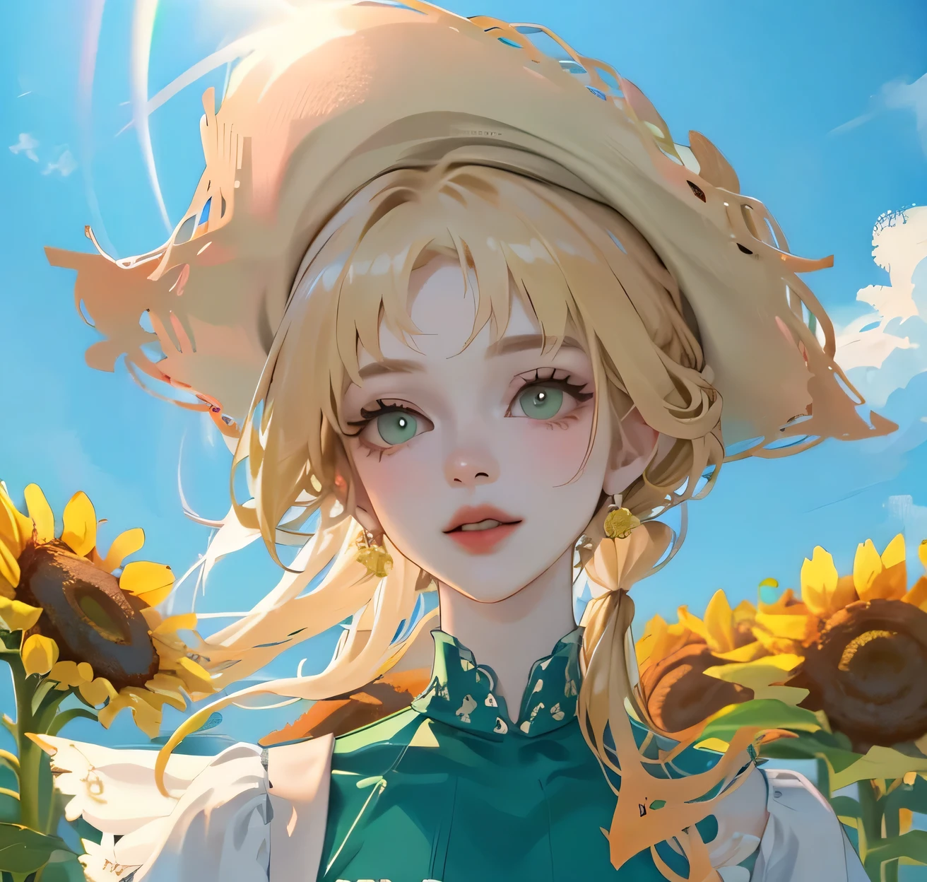 (high quality) (best quality) (a woman) (correct physiognomy) Woman, blonde hair with bangs on her forehead, gardener's hat on her head, green eyes, tender lips, middle age, olive green summer dress with print of flowers, location of the photo, the woman must be in the middle of a field of sunflowers, lighting of the photo: sunlight, full body proportion from head to hips..